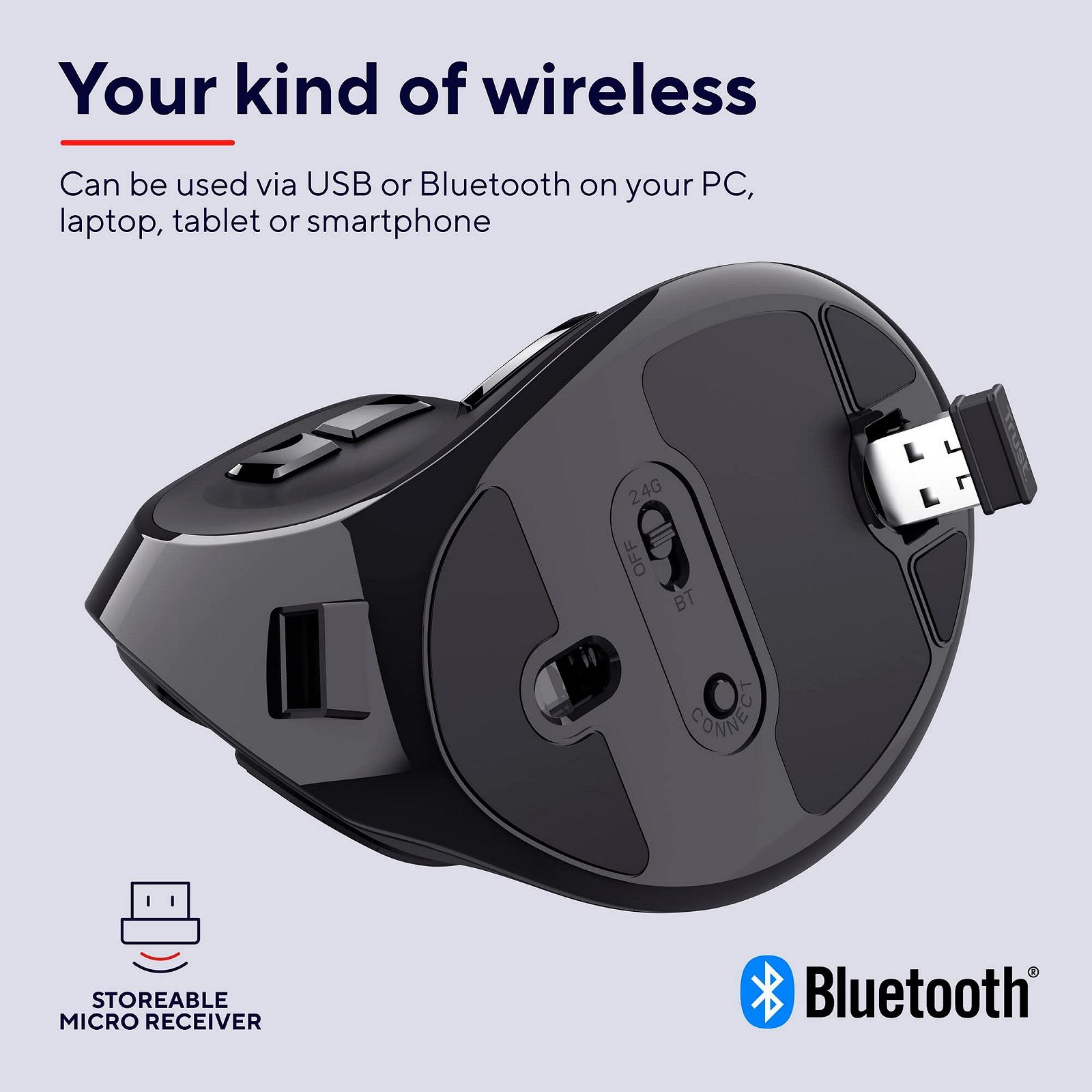 Мышь Trust Voxx Vertical Беспроводная, перезаряжаемая, эргономичная, Bluetooth и 2.4 GHz, 9 кнопок, 1200-2400 DPI, черная, фото №4