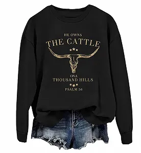Он владеет скотом на тысяче холмов Толстовка Корова Бык Крупный рогатый скот Череп Голова Western Vintage Animal Graphic Sweatshirt - Фото 1