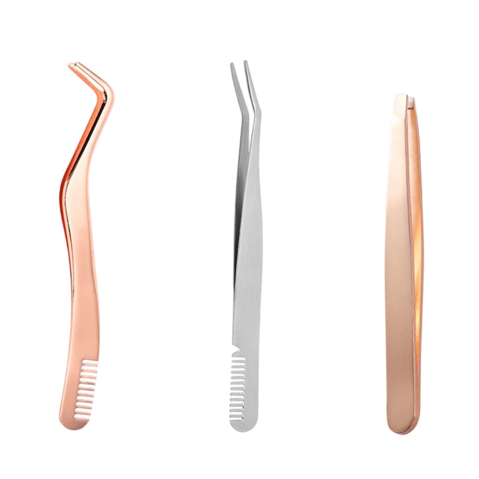 Пінцети для вій з гребінцем нержавіюча сталь 3 шт Rose Gold / Silver, фото №1