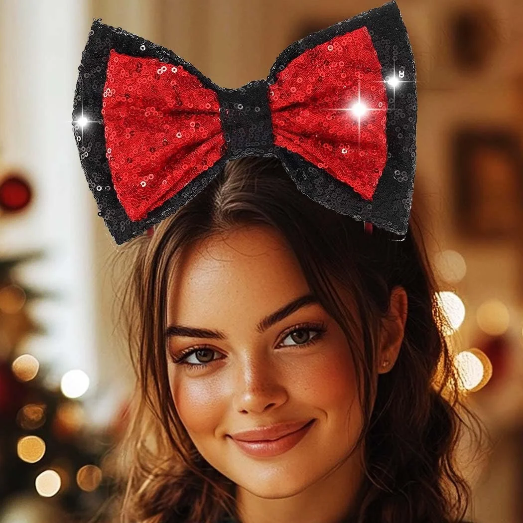 Обруч на голову з бантом Reaky, прикрашена блискітками, чорно-червона, фото №1
