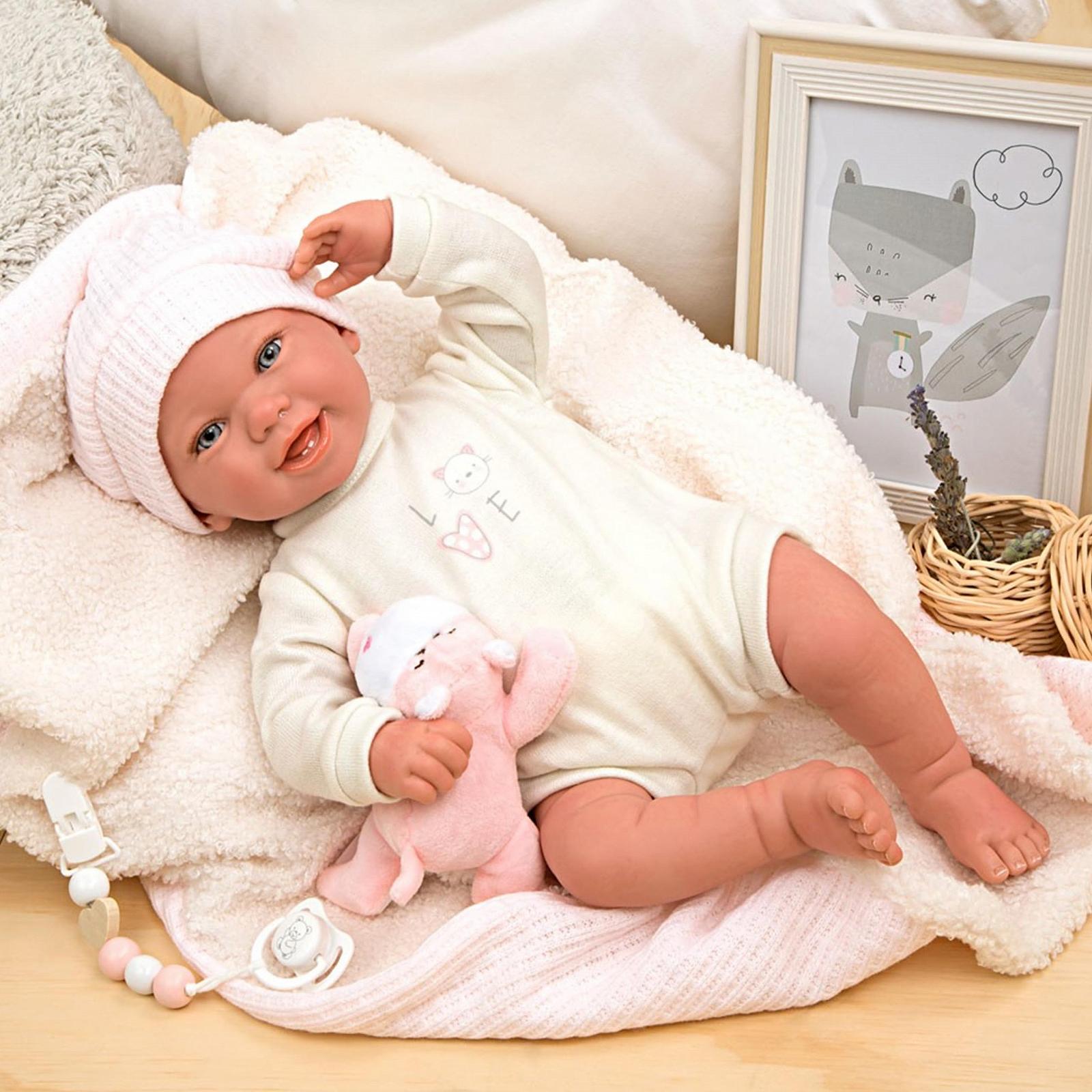 Лялька ARIAS Reborn Viviane з ковдрою і плюшевою іграшкою, реалістична лялька в білий одяг, пустушка, вінілові кінцівки та м'яке тіло, фото №4