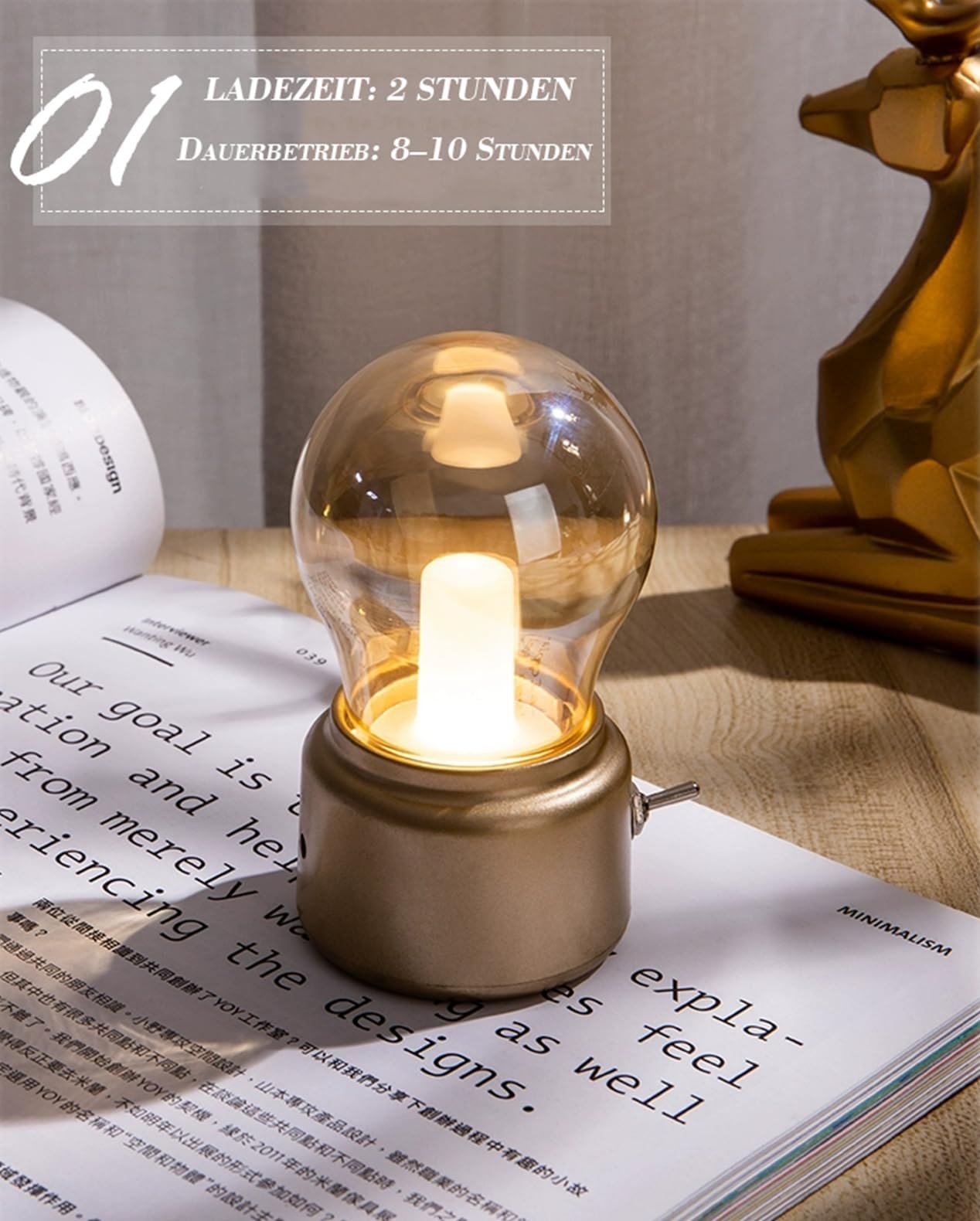 Настільна лампа Retro Mini LED USB акумуляторна вінтажна золотиста, фото №3