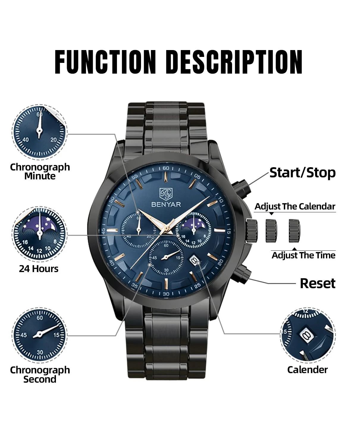 Чоловічий годинник Benyar Хронограф Аналоговий Кварцовий, фото №3