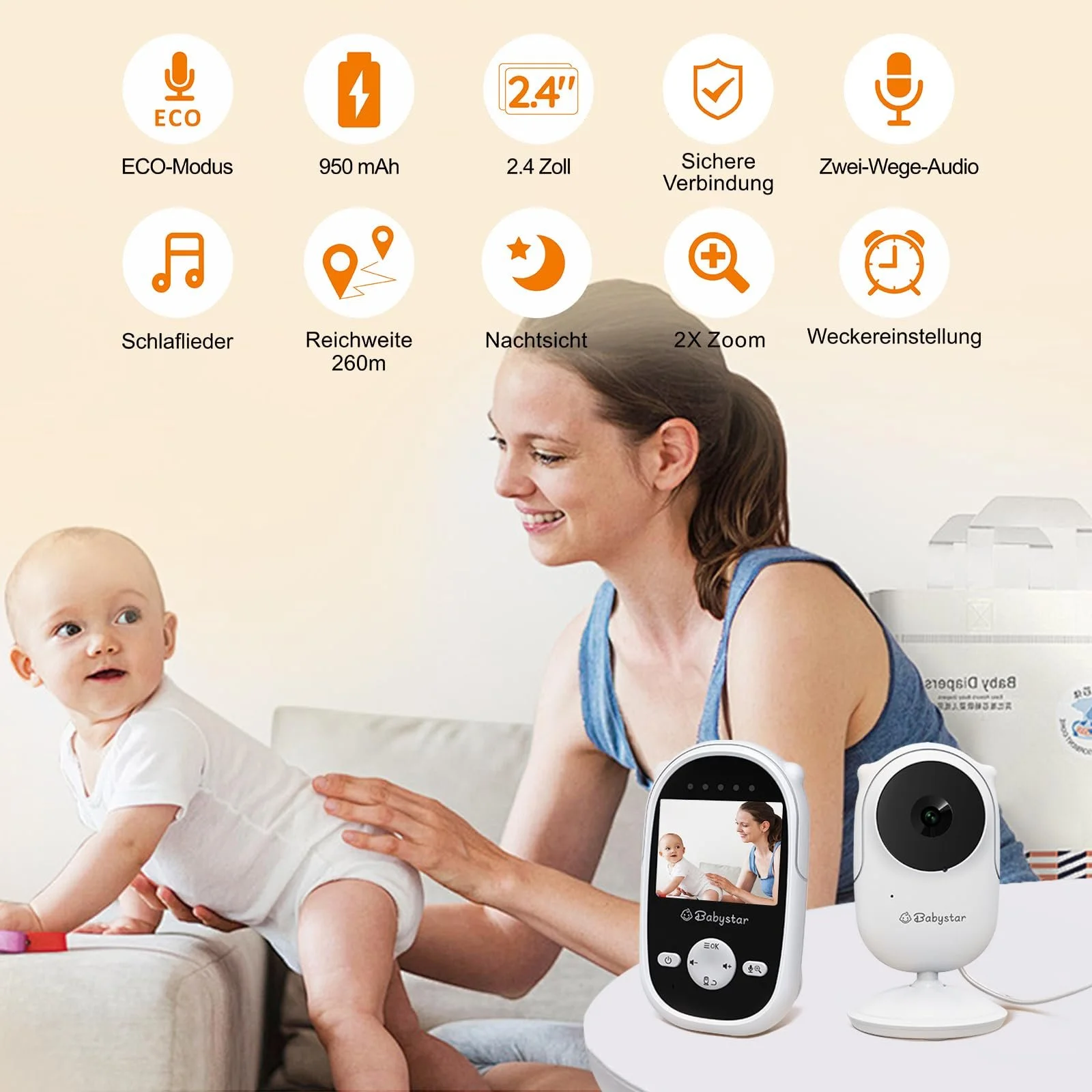 Відеоняня Babystar 2.4 дюйма Night Vision Eco Mode Two-Way Audio Lullabies White, фото №2 Відеоняня Babystar 2.4 дюйма Night Vision Eco Mode Two-Way Audio Lullabies White, фото №2