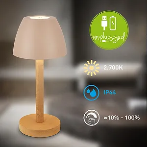 Настольная лампа BRILONER LED Беспроводная IP44 Сенсорная Диммируемая Аккумуляторная 13.5 x 30 см Бежевое дерево synthetic.ua - Фото 1