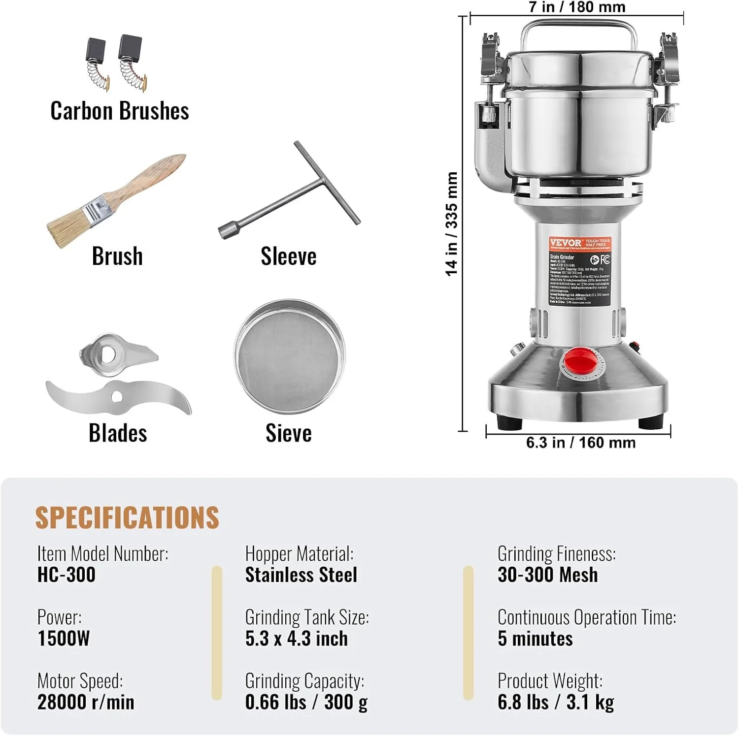 Універсальний електричний млин VEVOR HC-HC-300 / 1500W / 300 г / Нержавіюча сталь / Для сухих інгредієнтів / Срібний, фото №9 Універсальний електричний млин VEVOR HC-HC-300 / 1500W / 300 г / Нержавіюча сталь / Для сухих інгредієнтів / Срібний, фото №9