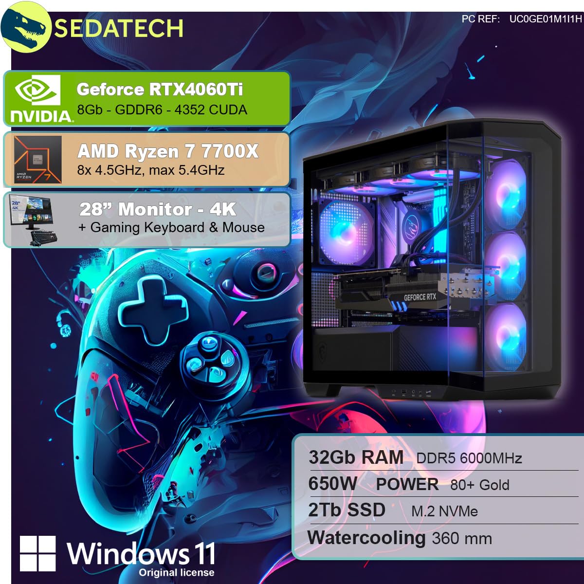 Комплектація Sedatech Gaming ПК AMD Ryzen 7 7700X RTX4060Ti 32GB DDR5 2TB SSD M.2 Windows 11 28 Дюймів, фото №2