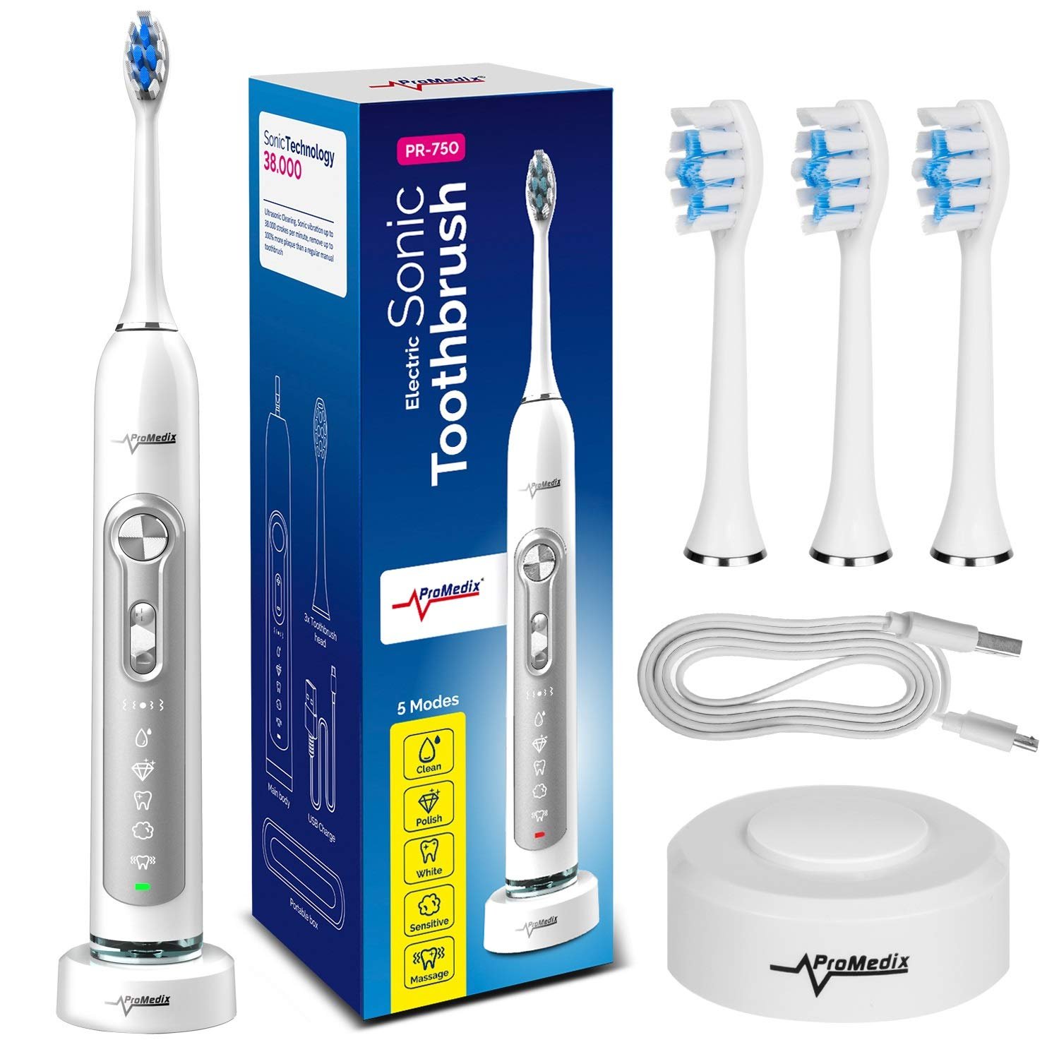 Звуковая зубная щетка Promedix PR-750 Diamond Smile, водонепроницаемая IPX7, электрическая, беспроводная, 5 режимов, таймер, 3 уровня мощности, 3 насадки, белая или черная, фото №6