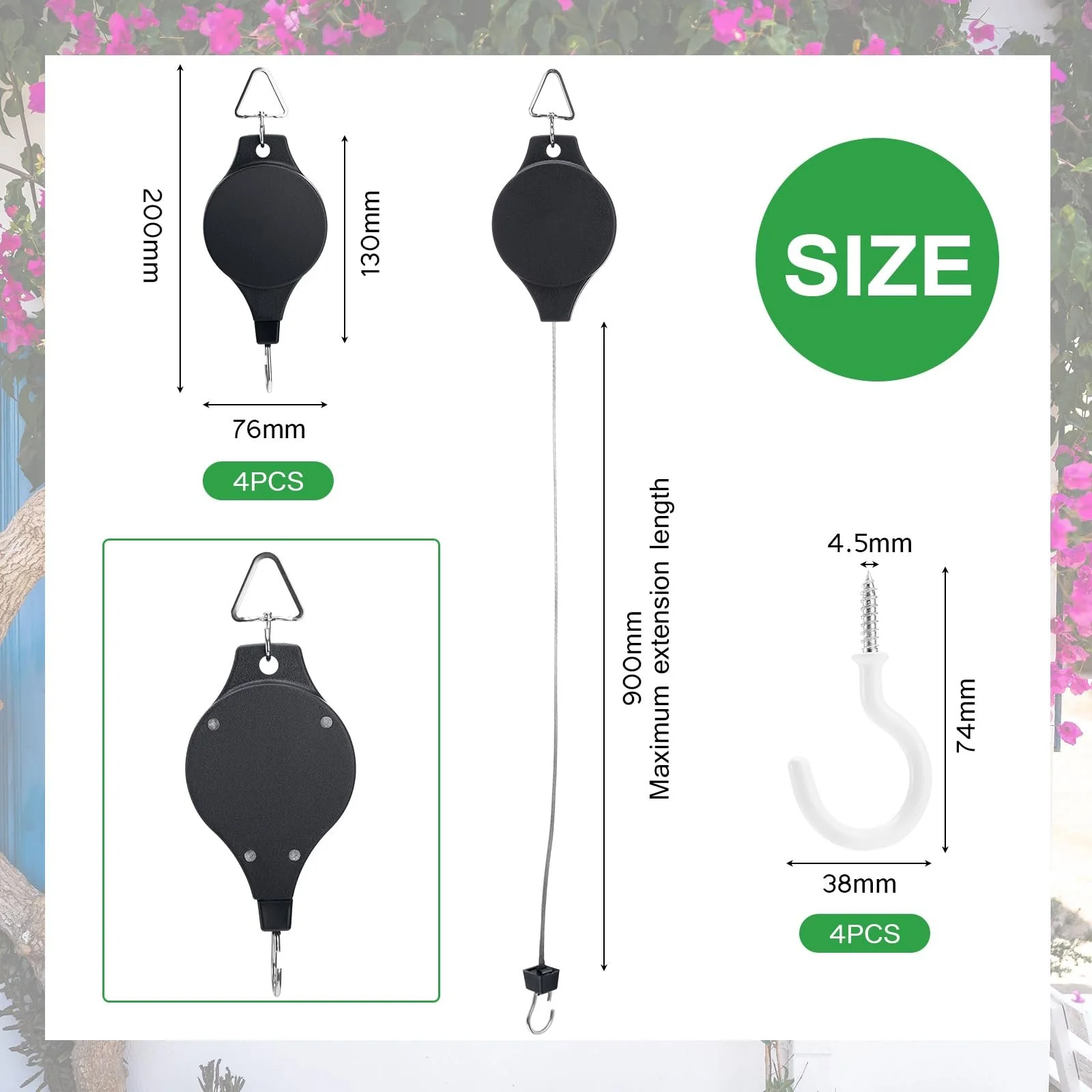Роликовий гачок для рослин 4 шт. Висувний Тримач для підвісних кошиків Садовий, фото №2