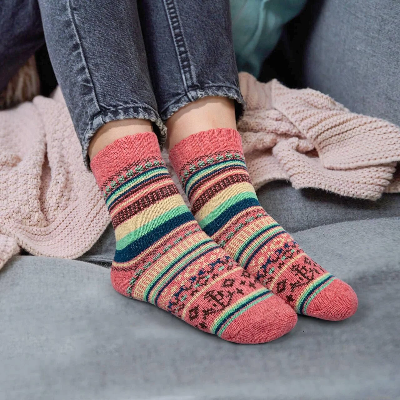 Носки из мериносовой шерсти Justay Женские Вязаные Зимние Термоноски, Дышащие, Мягкие, 5 пар, размеры 3.5–8, Желтый, Оранжевый, Серый, Зеленый, Коричневый, фото №4
