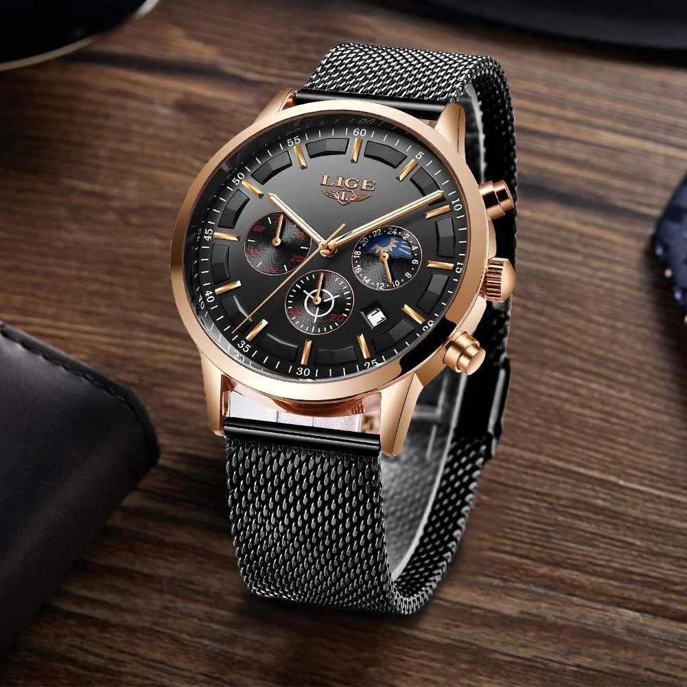 Часы LIGE Мужские Аналоговые Кварцевые Водонепроницаемые Черные Золотые, фото №4 Часы LIGE Мужские Аналоговые Кварцевые Водонепроницаемые Черные Золотые, фото №4