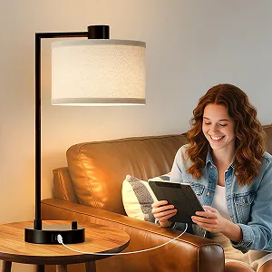 Настільна лампа GyroVu з функцією зарядки USB A+C димована з лляним абажуром (лампа в комплекті) synthetic.ua - Фото 1