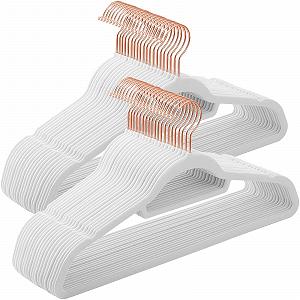 Вешалки Бархатные SONGMICS CRF021W02, Набор 50 шт., Нескользящие, Маленькая Перекладина для Галстуков, Вращающийся на 360 градусов Крючок, Толщина 0.6 см, Компактные, Длина 43.5 см, для Пальто/Брюк, Розовое Золото/Белый - Фото 1