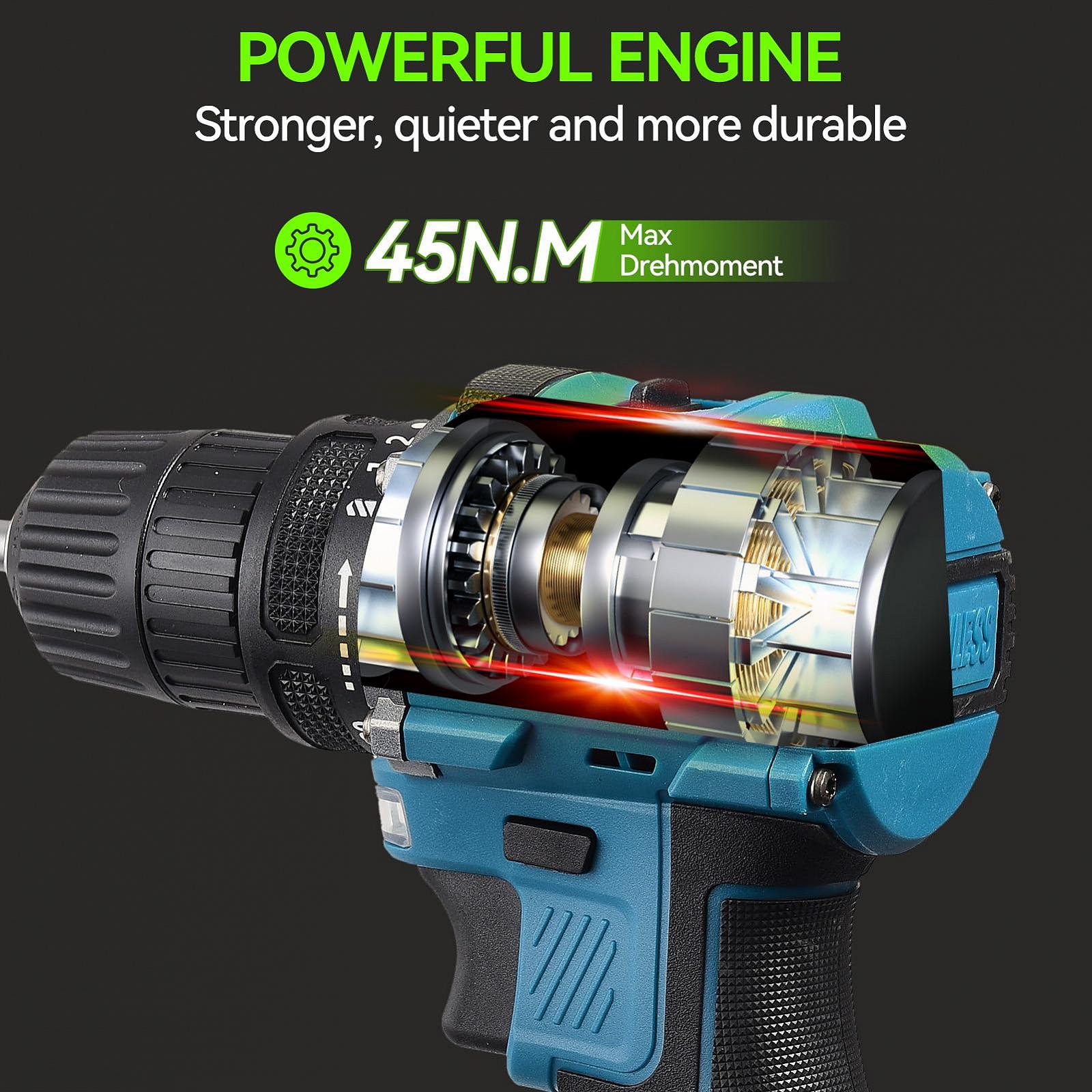 Шуруповерт бездротовий 21V з 2 акумуляторами та 37 аксесуарами з регулюванням крутного моменту 25+1, 2 змінні швидкості (двигун безщітковий 2000mA), фото №2