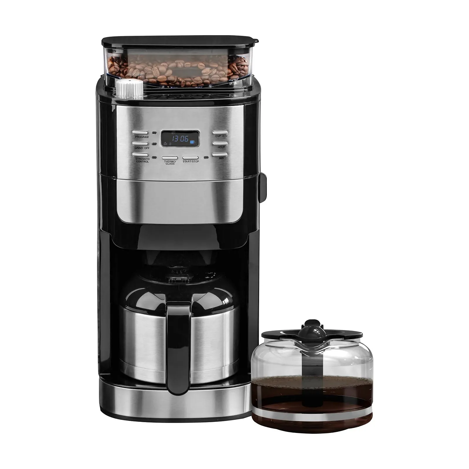 Капельная кофеварка CHEF CUISINE с кофемолкой и термосом 1050 Вт 12 чашек нержавеющая сталь черная, фото №1