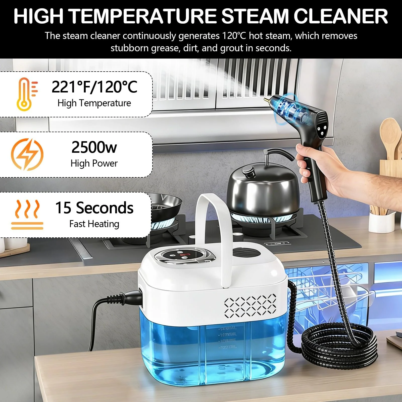 Пароочисник ручний 2500W 1.7L 6 рівнів нагрівання 15 секунд, фото №2