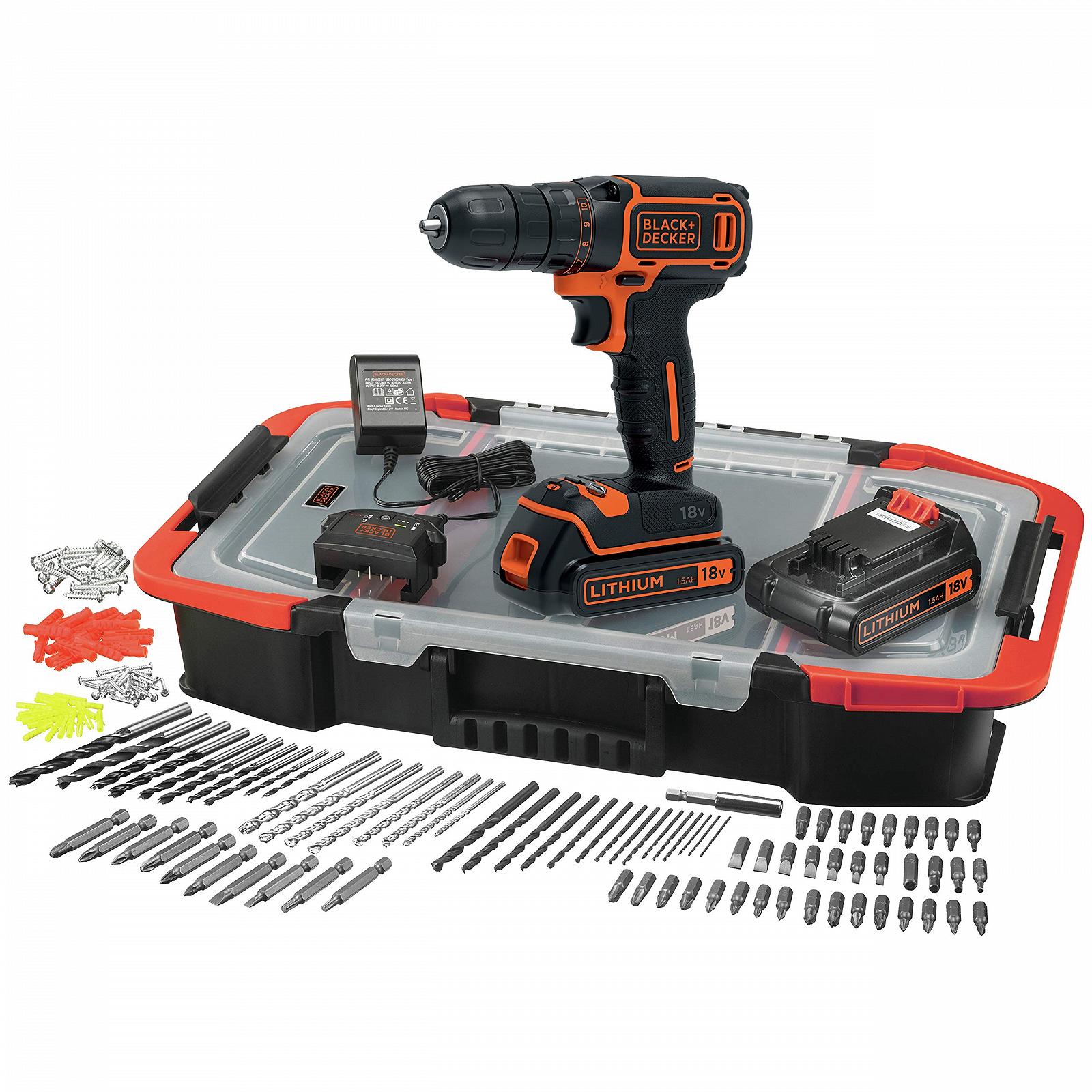 Дрель-шуруповерт Black+Decker BDCDC18BAST-QW беспроводной 18 В 1.5 А·ч, планетарная передача, светодиодная подсветка, мягкая ручка, 2 x батареи, зарядное устройство, набор аксессуаров 160 штук в органайзере, фото №1