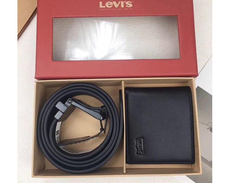 Чоловічий подарунковий набір шкірний кишені і пояс з натуральної шкіри чорний Левіс, фото №4