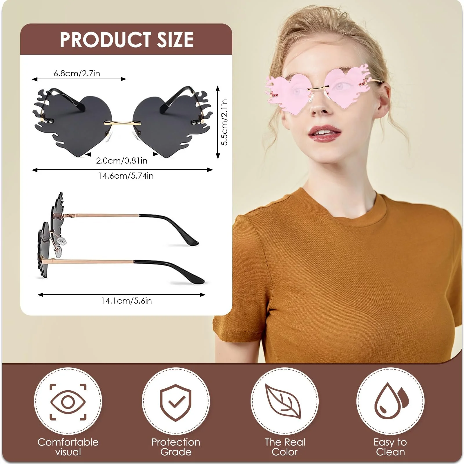 Сонцезахисні окуляри Dfuqanb 2 шт, Серцеподібні та полум'яні, Серце, Сірий, фото №2