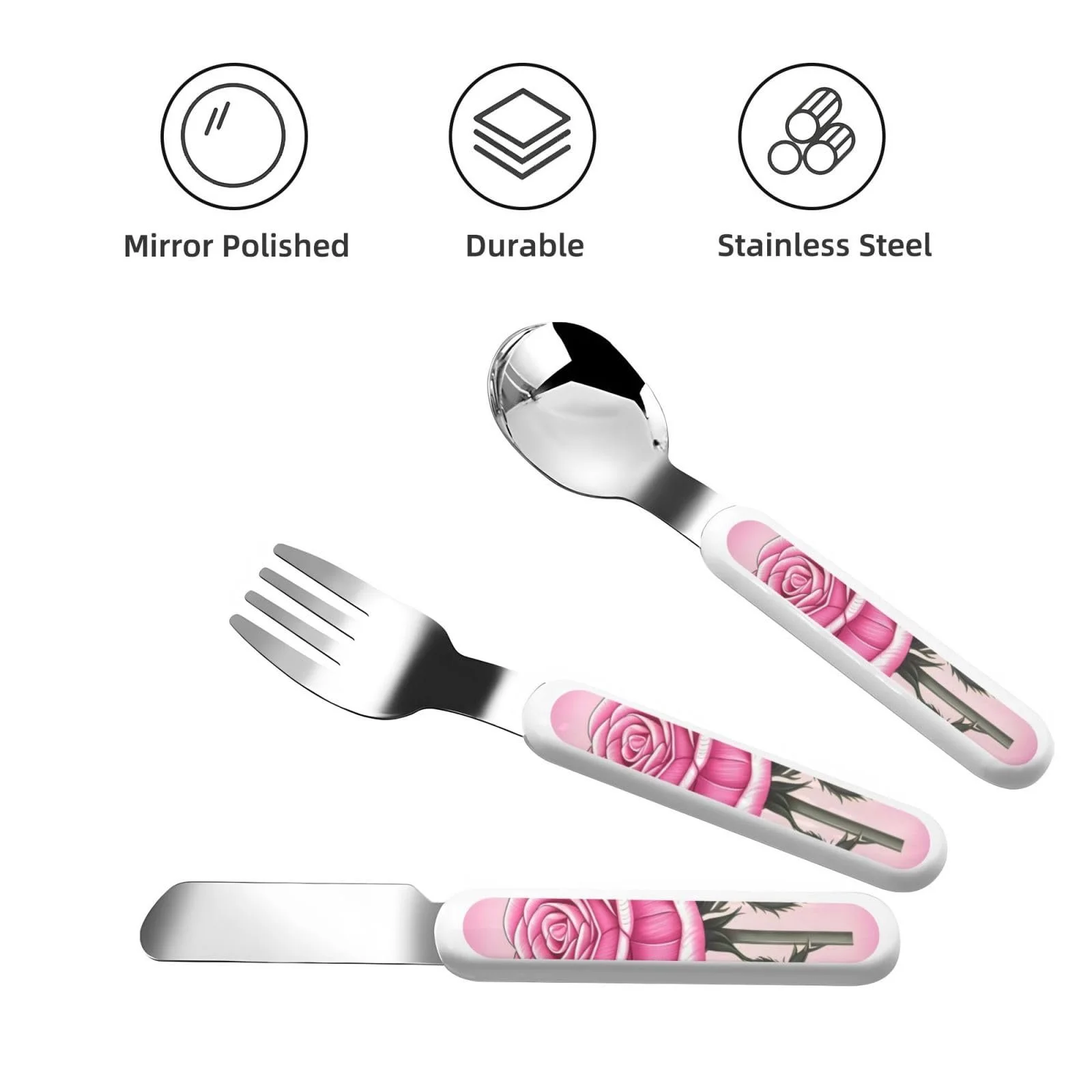 Набір дитячих столових приборів з трьох предметів з рожевим принтом троянд, фото №2 Набір дитячих столових приборів з трьох предметів з рожевим принтом троянд, фото №2