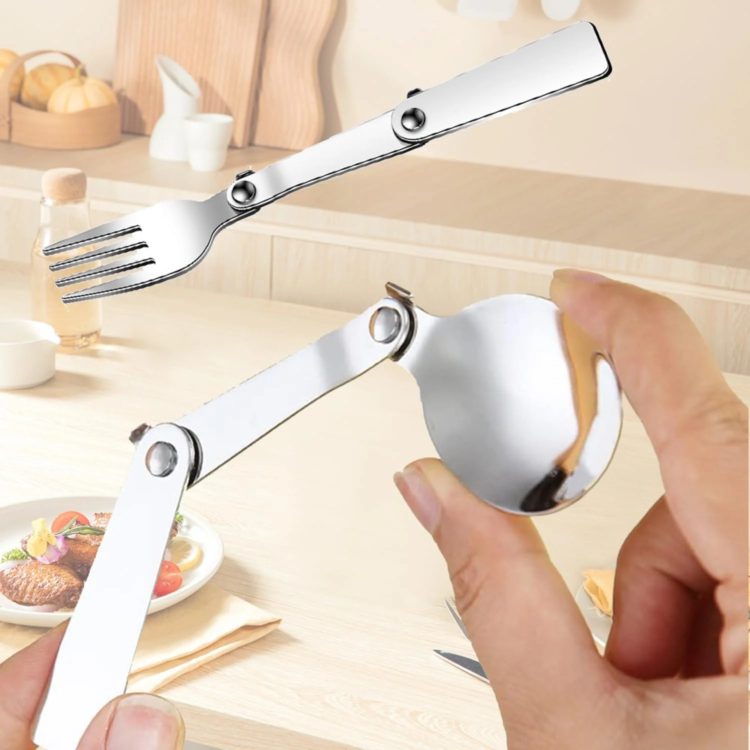 Набор портативных складных ложек и вилок из нержавеющей стали 304 для путешествий на природе, кемпинга, походов, пикников и выживания, 2 штуки, фото №4