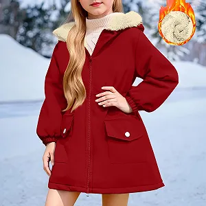 Зимнее пальто для девочек Generisch Куртка с меховым капюшоном Пуховая куртка на молнии Куртки с капюшоном Однотонная парка Теплая верхняя одежда Свободные пальто Длинная толстовка Куртка с длинными рукавами стеганая Элегантные детские куртки synthetic.ua - Фото 1