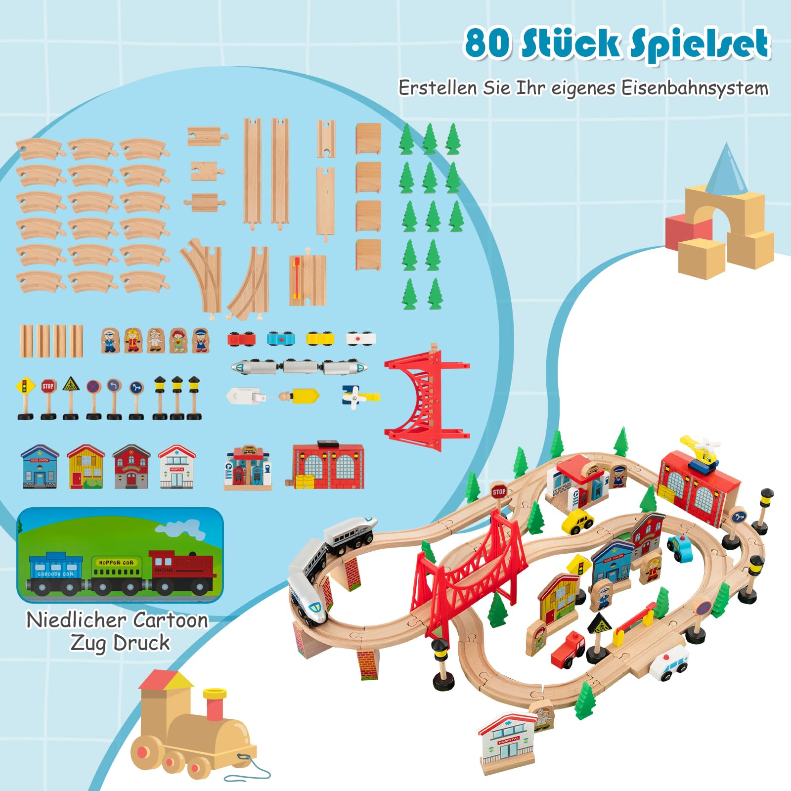 Ігровий стіл GOPLUS з дерева з 80-елементним залізничним набором, фото №5 Ігровий стіл GOPLUS з дерева з 80-елементним залізничним набором, фото №5