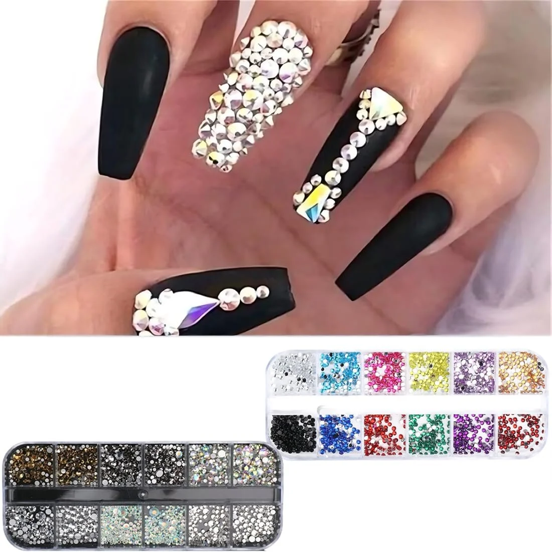 Стрази для нігтів, 2 коробки/12 відділень, намистини, фото №4