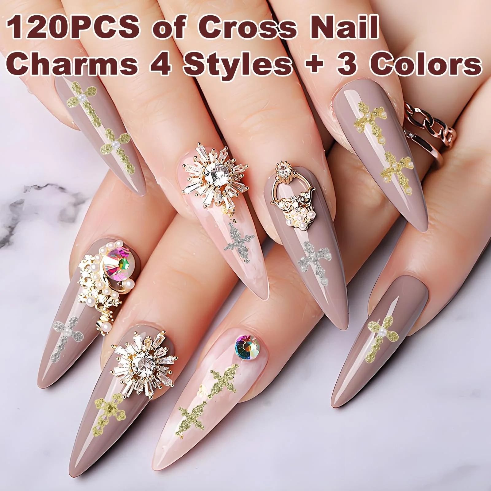 3D Подвески для ногтей Крестики 120 шт., 12 отделений, металлические украшения для ногтей золото серебро черный, DIY аксессуары для профессионального маникюра для гель-лака, фото №3