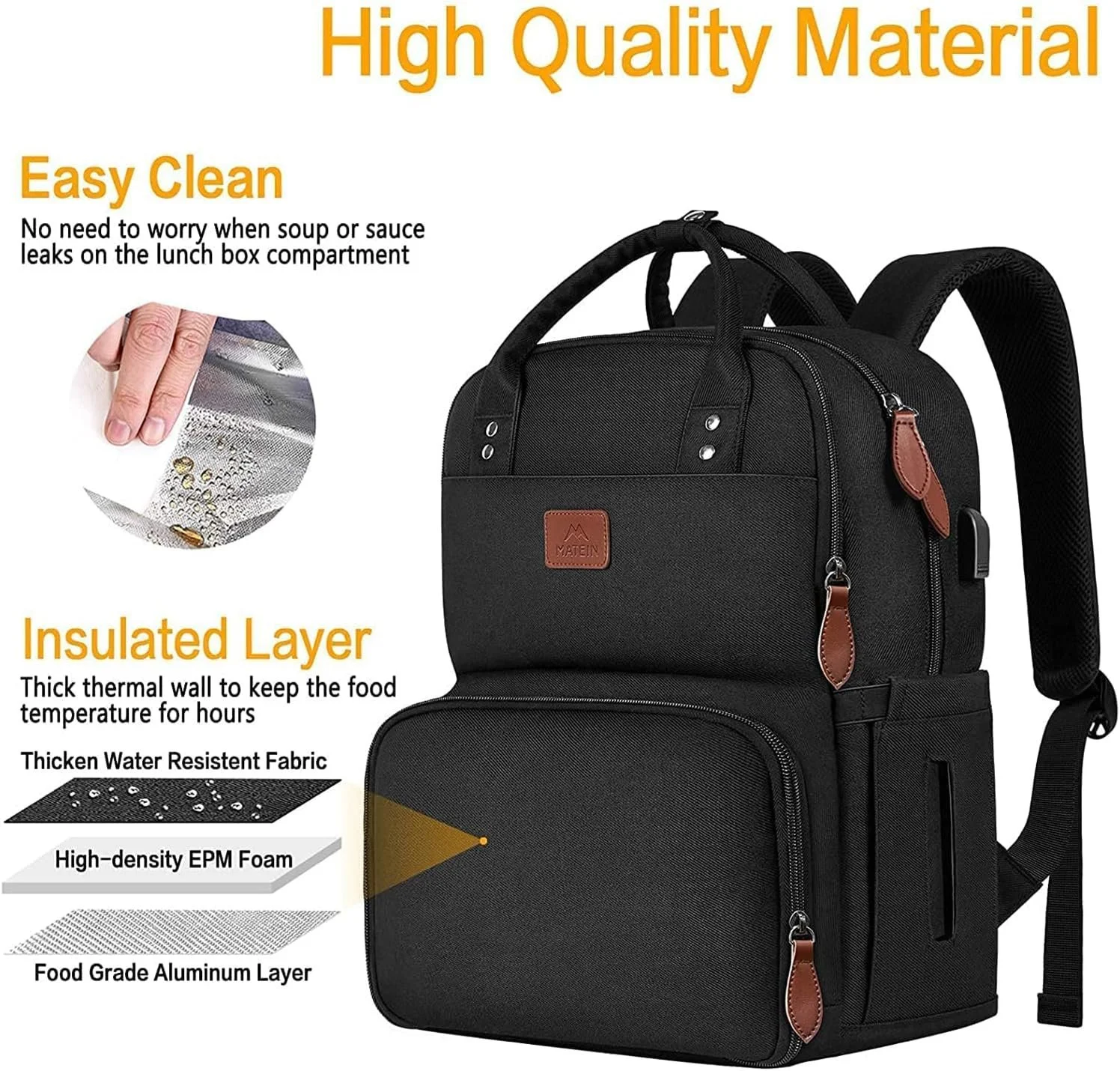 Рюкзак для ноутбука MATEIN 15.6" с термоотделением для ланча Черный, фото №6