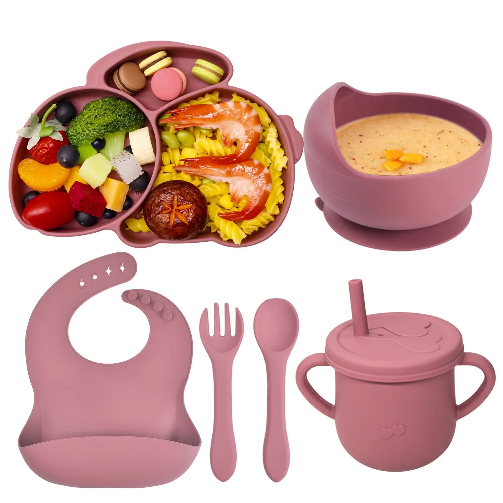 Набір дитячого посуду Domueay 6 предметів: тарілка з присоскою, миска, слинявчик, чашка, ложка, виделка, силіконовий, рожевий кролик, фото №1