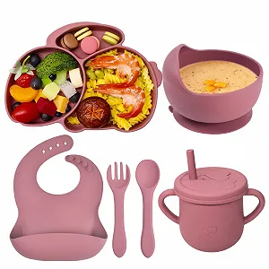Набір дитячого посуду Domueay 6 предметів: тарілка з присоскою, миска, слинявчик, чашка, ложка, виделка, силіконовий, рожевий кролик - Фото 1