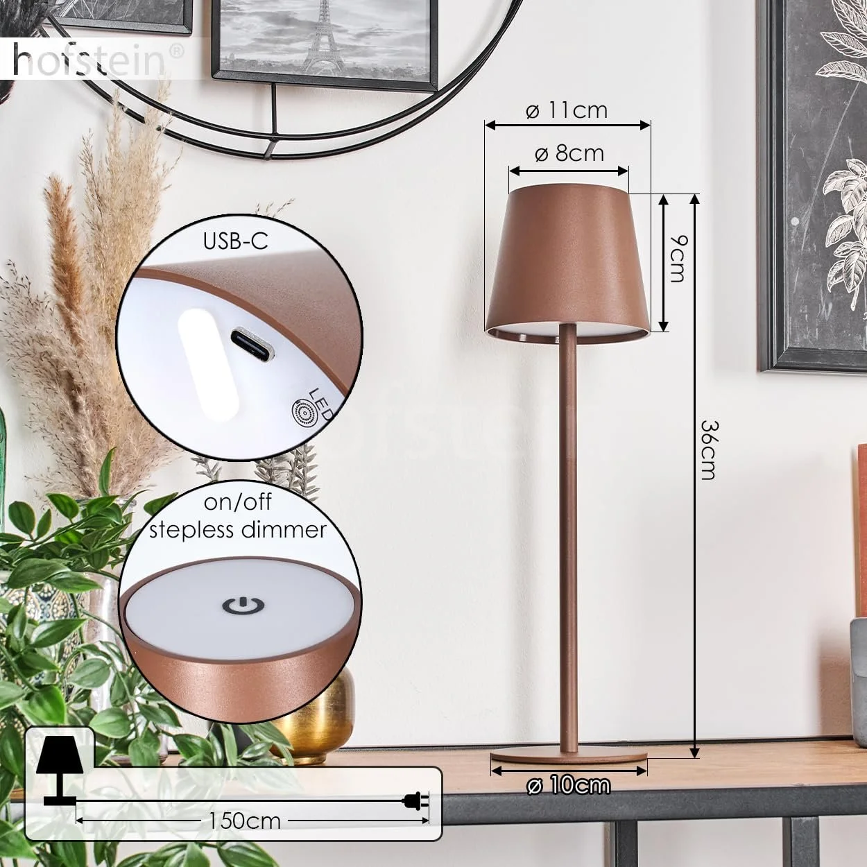 Настільна лампа HOFSTEIN Longchamps LED димована метал/пластик USB-C акумулятор 4 Ват 300 Люмен 3000 Кельвін коричневий/білий, фото №5