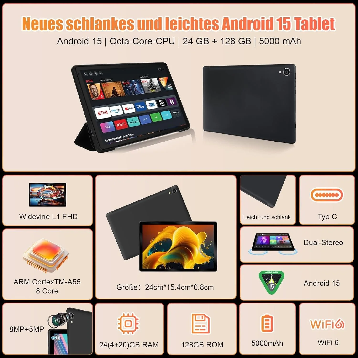 Планшет 10.1” Aumi C109 (4+20)/128Gb 8 ядер Android 15 Чорний, фото №2