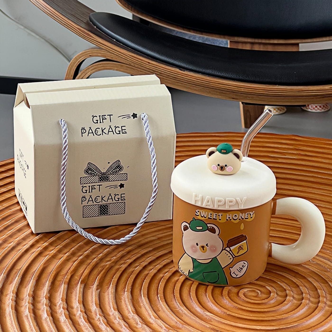 Чашка Японская 380 мл Керамическая Кружка с Мультяшным Медведем и Силиконовой Крышкой, Стеклянная Соломинка, Чашка для Молочных Десертов для Женщин и Детей - Коричневая - I Like, фото №4