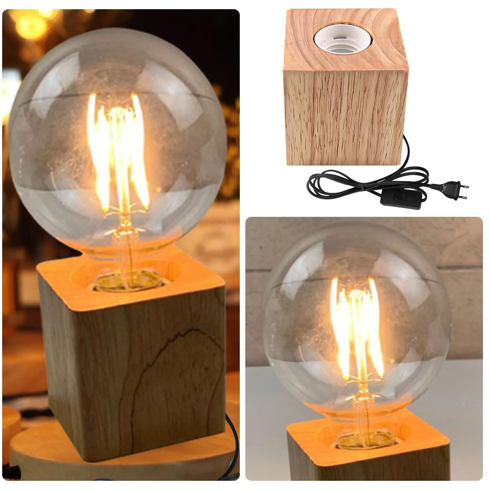 Настільна лампа Nizirioo Cube Дерев'яна основа EU Plug E27, фото №7