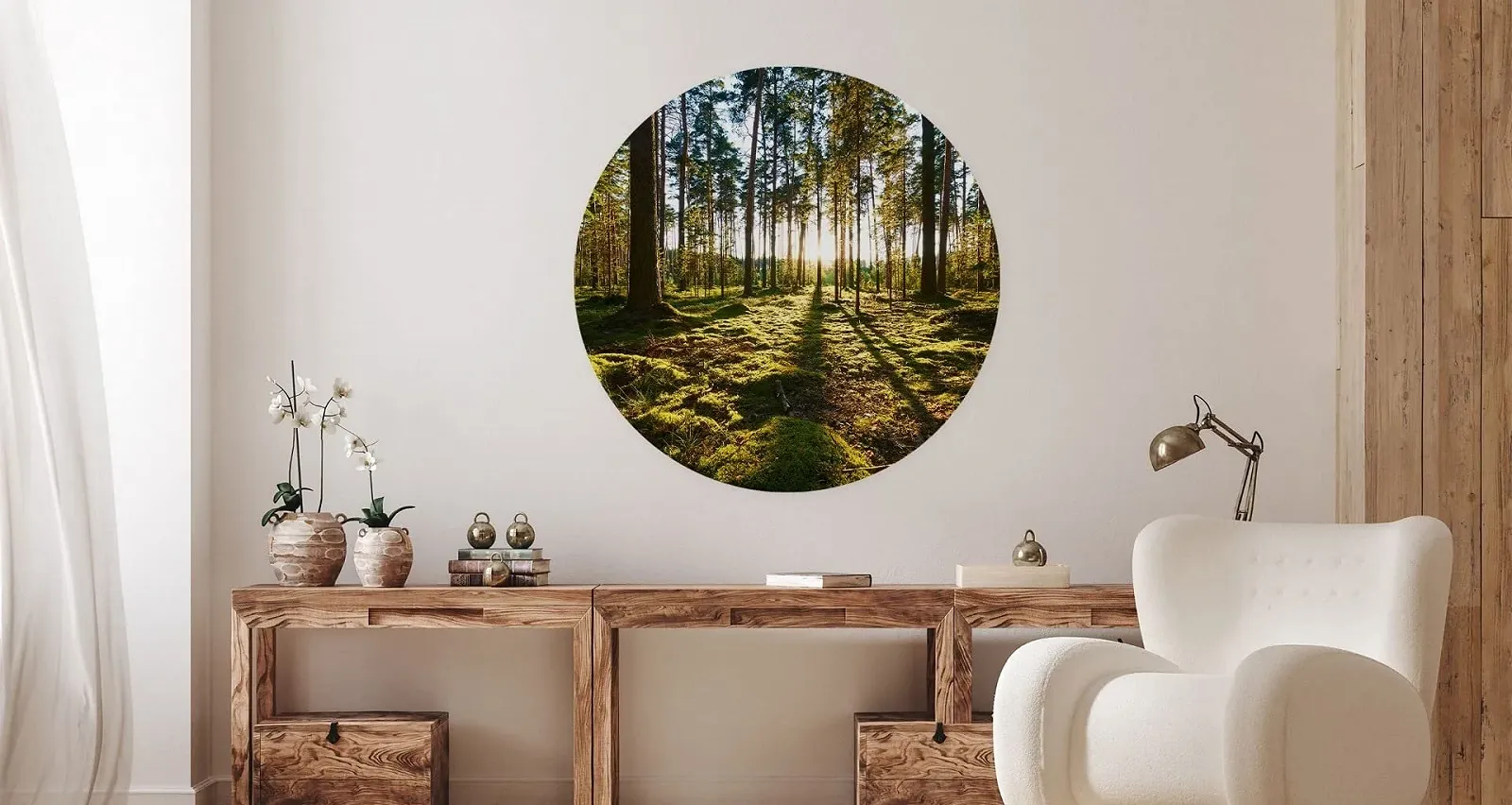Наклейка на стіну Muralo Circle Trees Forest Sun Rays 100 x 100 см, 3D, фото №4 Наклейка на стіну Muralo Circle Trees Forest Sun Rays 100 x 100 см, 3D, фото №4