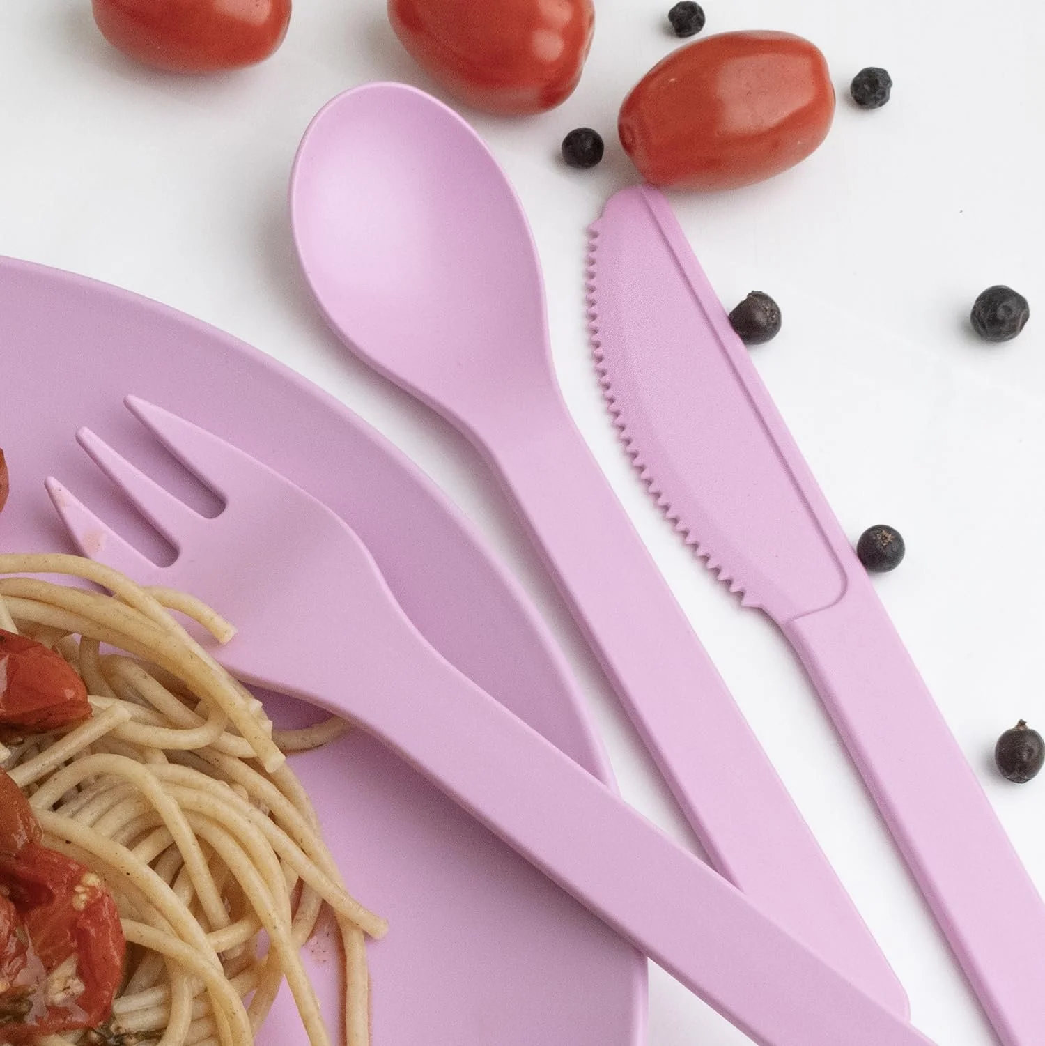 Набір пластикових столових приборів, 54 штуки (18 ножів, виделок, ложок), міцний, рожевий, з переробленого пластику RPET, фото №5