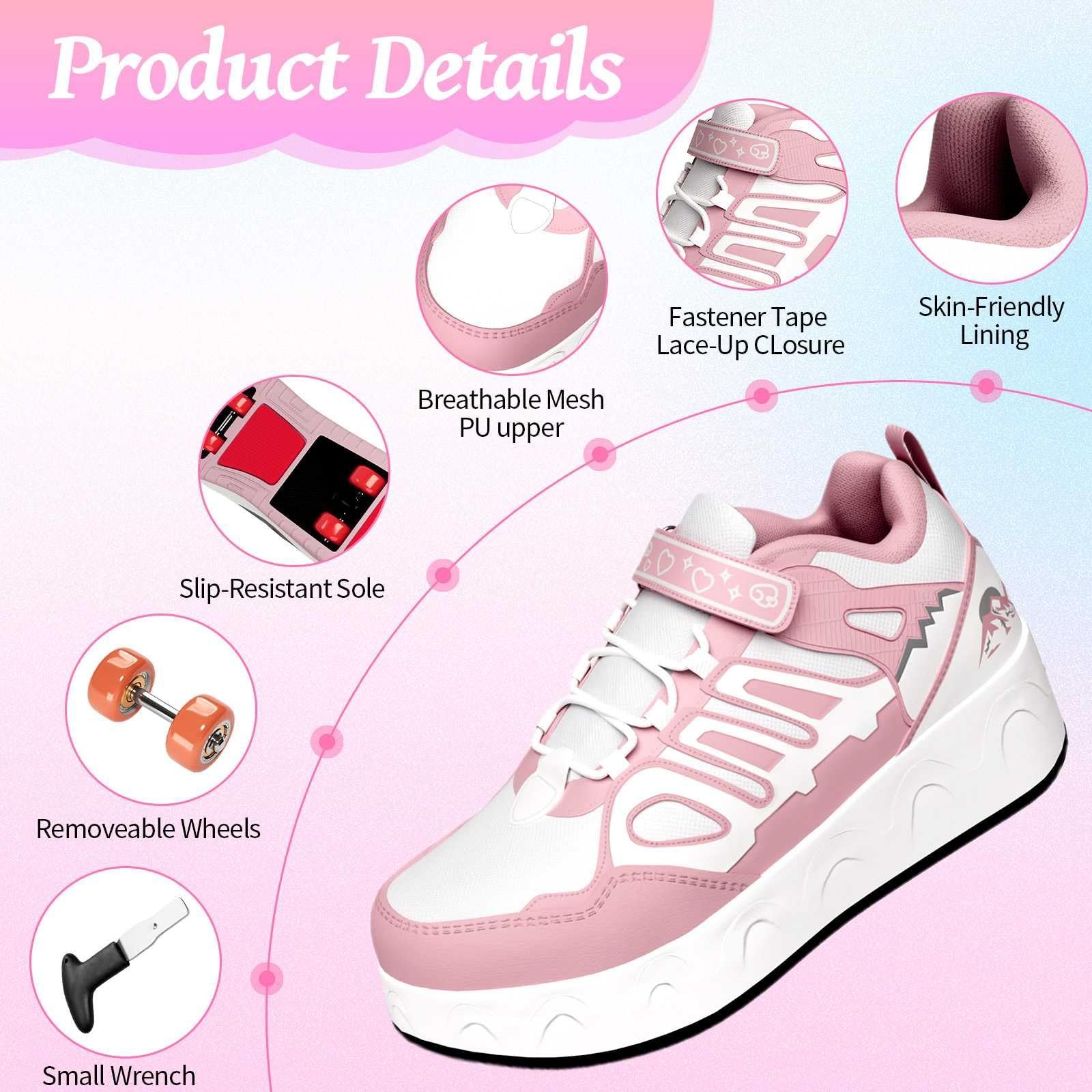 Кроссовки на колесиках и девочек, 2-в-1, со съемными колесиками, роликовые коньки, легкие, регулируемые, нескользящие, фото №3