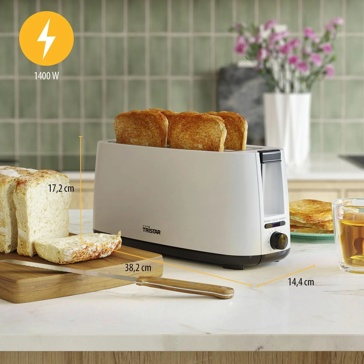 Тостер з двома довгими слотами Tristar BR-1057 7 рівнів підсмажування, функція розморожування, функція підйому, функція центрування, функція скасування, білий, фото №2