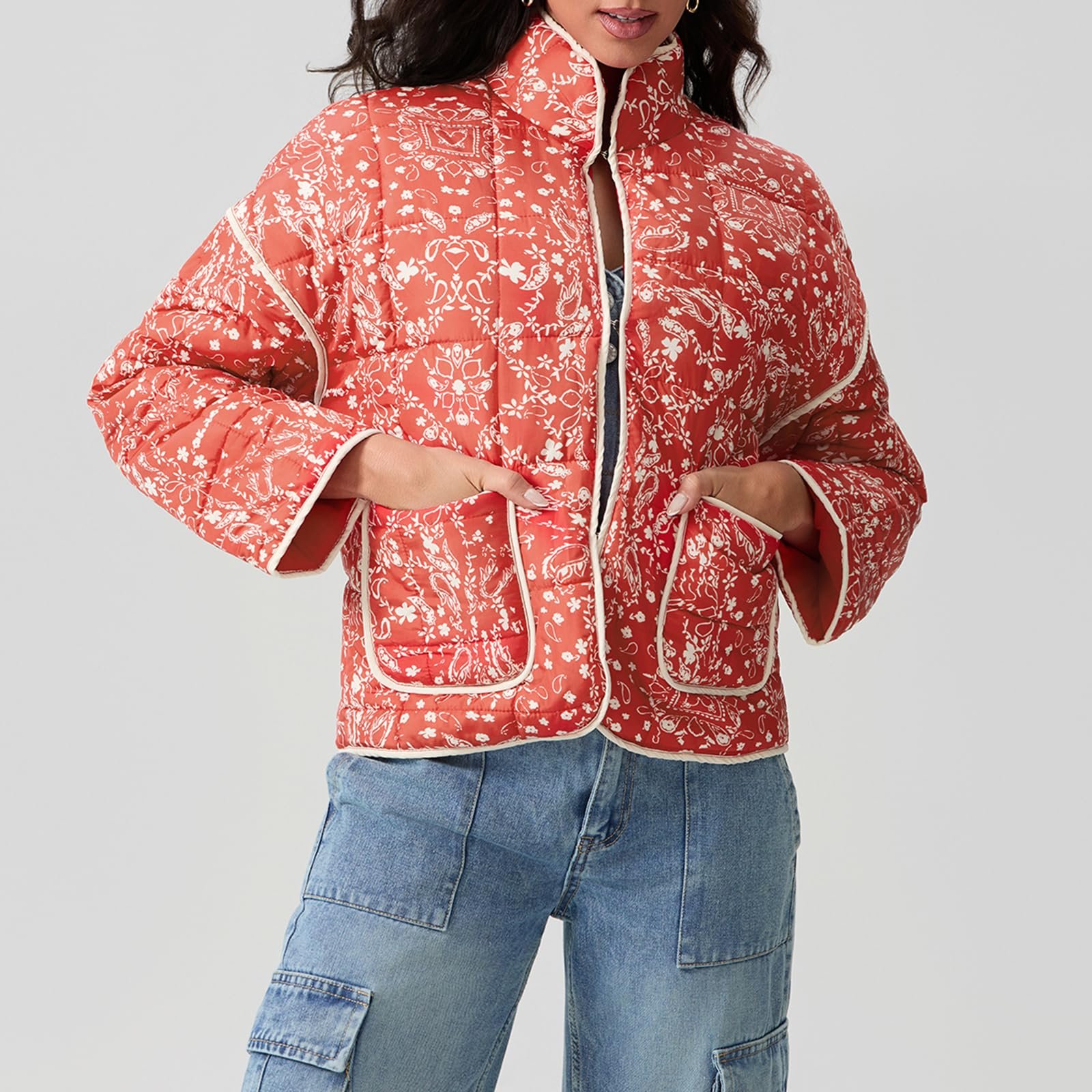 Жіноча куртка з квітковим принтом, укорочена, легка, вінтажна, етнічна, утеплена, осінь-зима, з довгими рукавами, фото №4