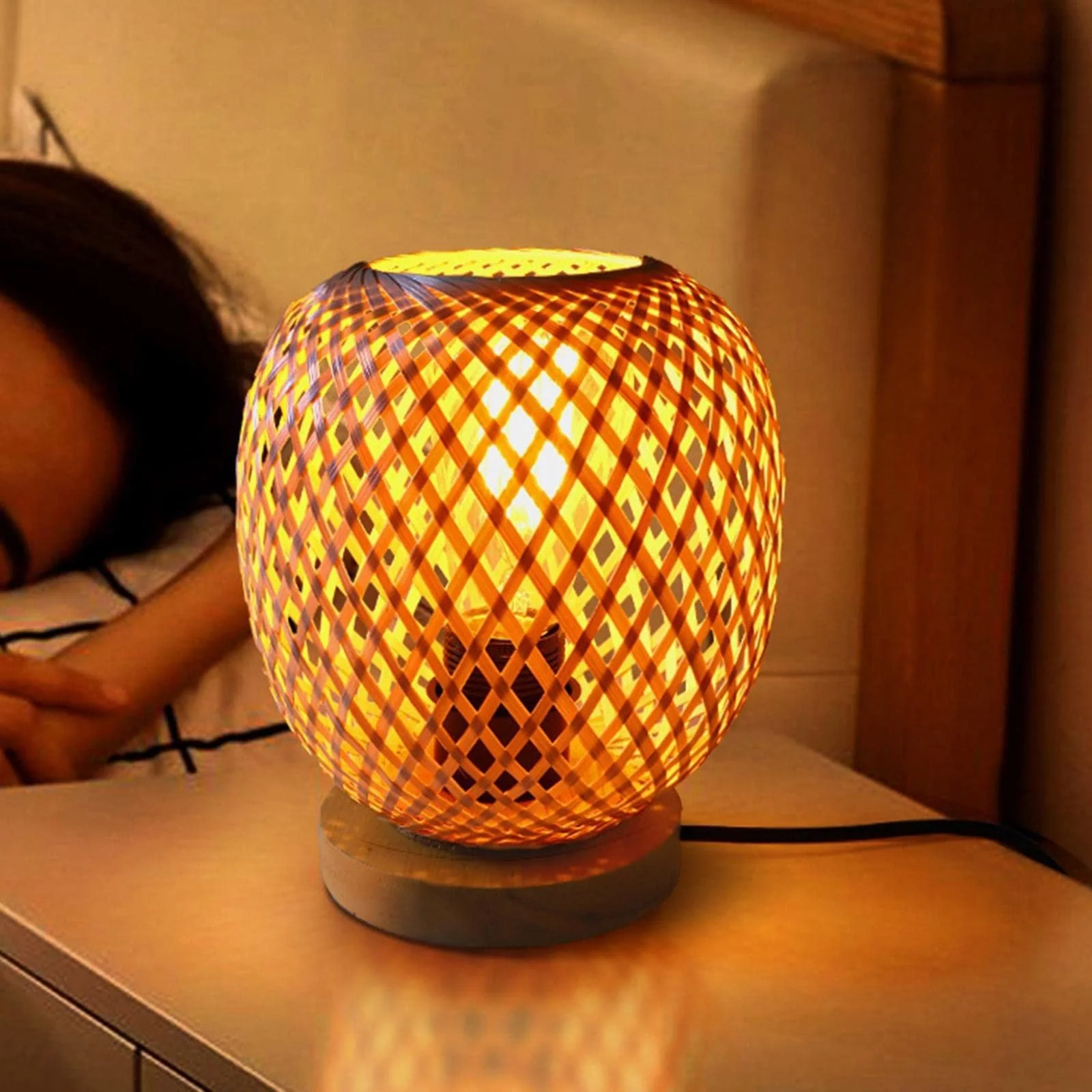 Настільна лампа perfk Rattan Плетена з дерев'яною основою в японському стилі, фото №6