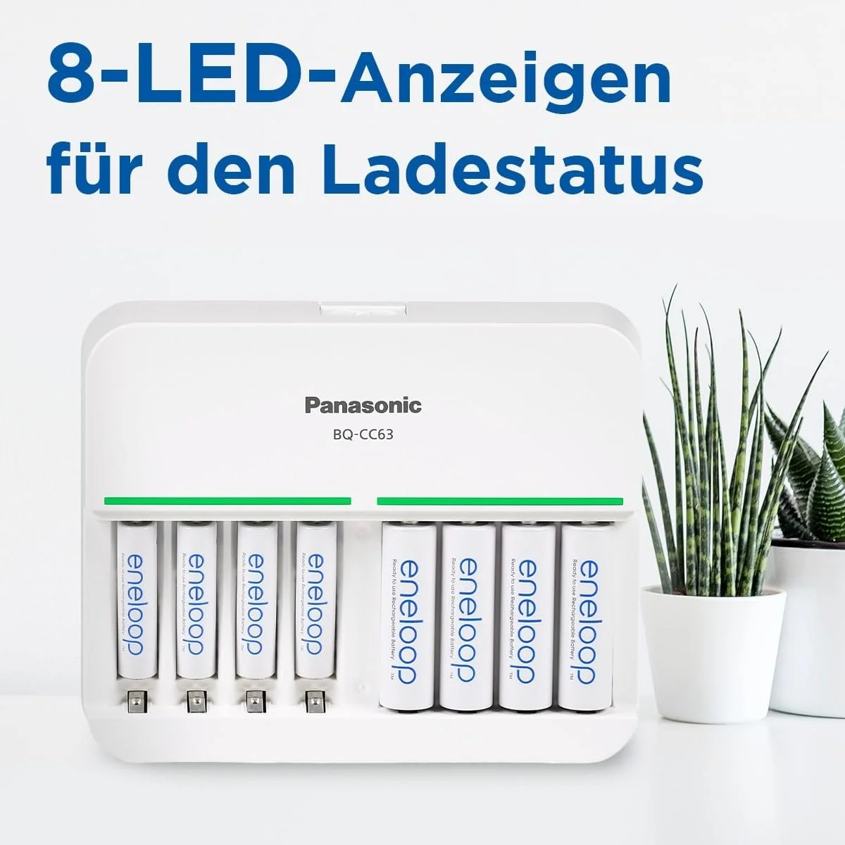 Зарядное устройство Panasonic eneloop Smart 8 для 1–8 аккумуляторов AA/AAA NI-MH, с 8 светодиодными индикаторами и 9 функциями безопасности, синий, BQ-CC63, фото №8 Зарядное устройство Panasonic eneloop Smart 8 для 1–8 аккумуляторов AA/AAA NI-MH, с 8 светодиодными индикаторами и 9 функциями безопасности, синий, BQ-CC63, фото №8