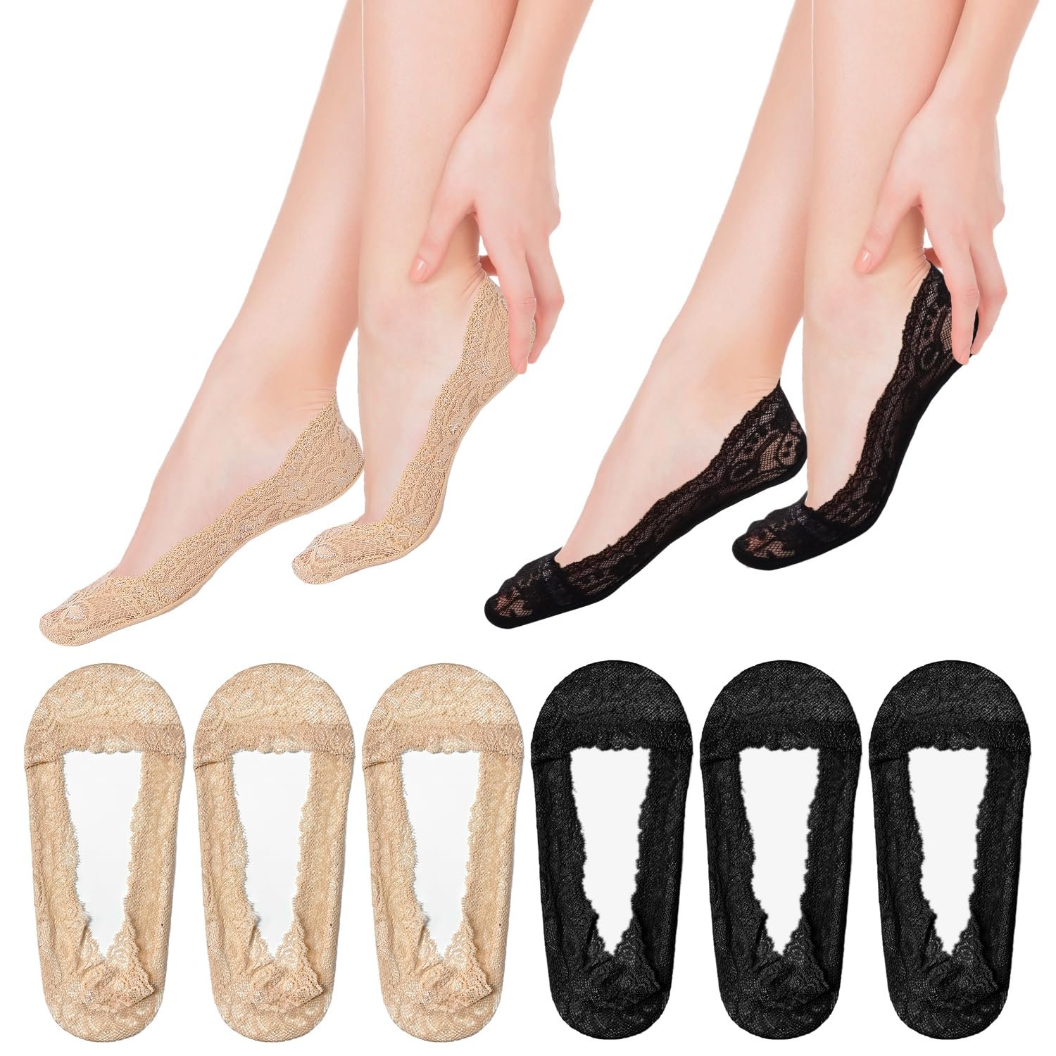 Женские носки-невидимки Кружевные 6 пар - Черный + Натуральный, фото №1