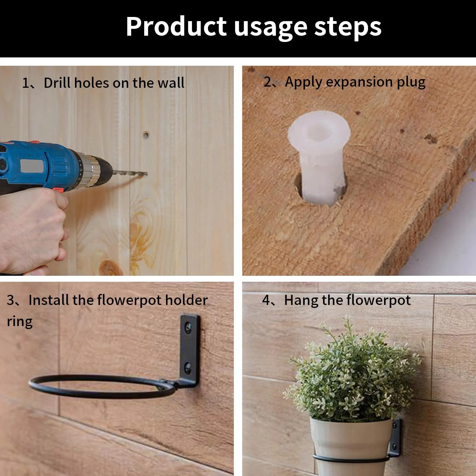 Кольца-держатели для цветочных горшков настенные складные металлические Черные 10 см 3 шт., фото №6
