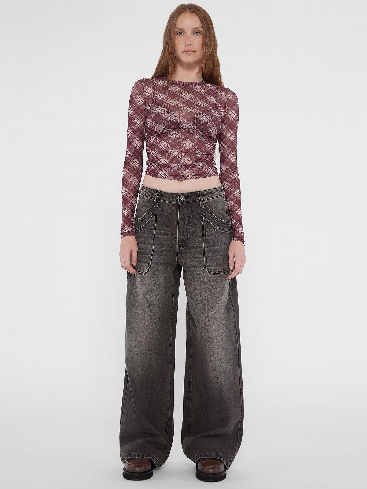 Женский Лонгслив Guess - Originals Printed Mesh Top - Бордовый в клетку - S, фото №2