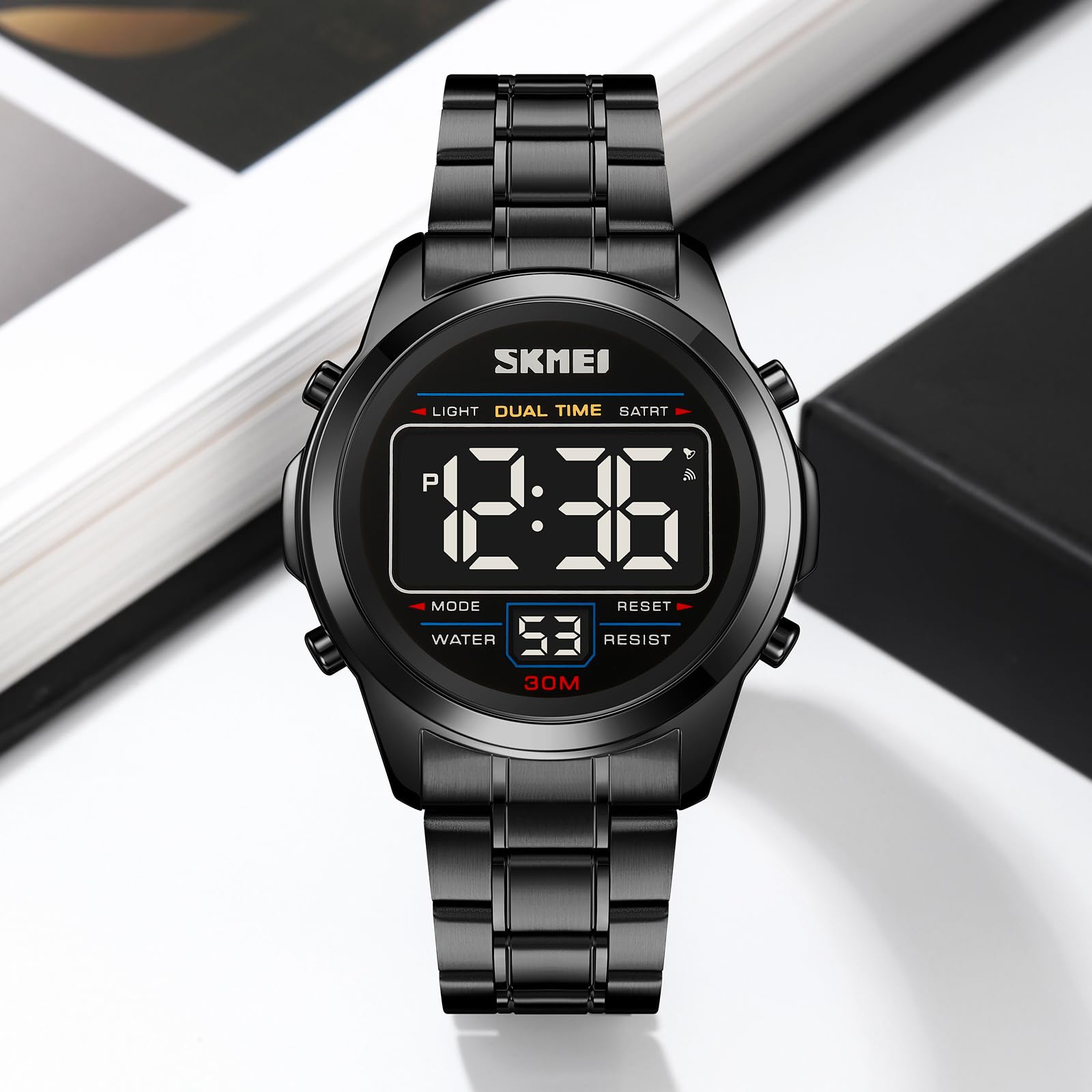 Цифровые часы Luxury Sporty Мужские Часы Military Stainless Steel LED Alarm Clock Digital Мужские Часы Водонепроницаемые с Секундомером Дата Двойное Время 12/24H Многофункциональные Черный Браслет, фото №7