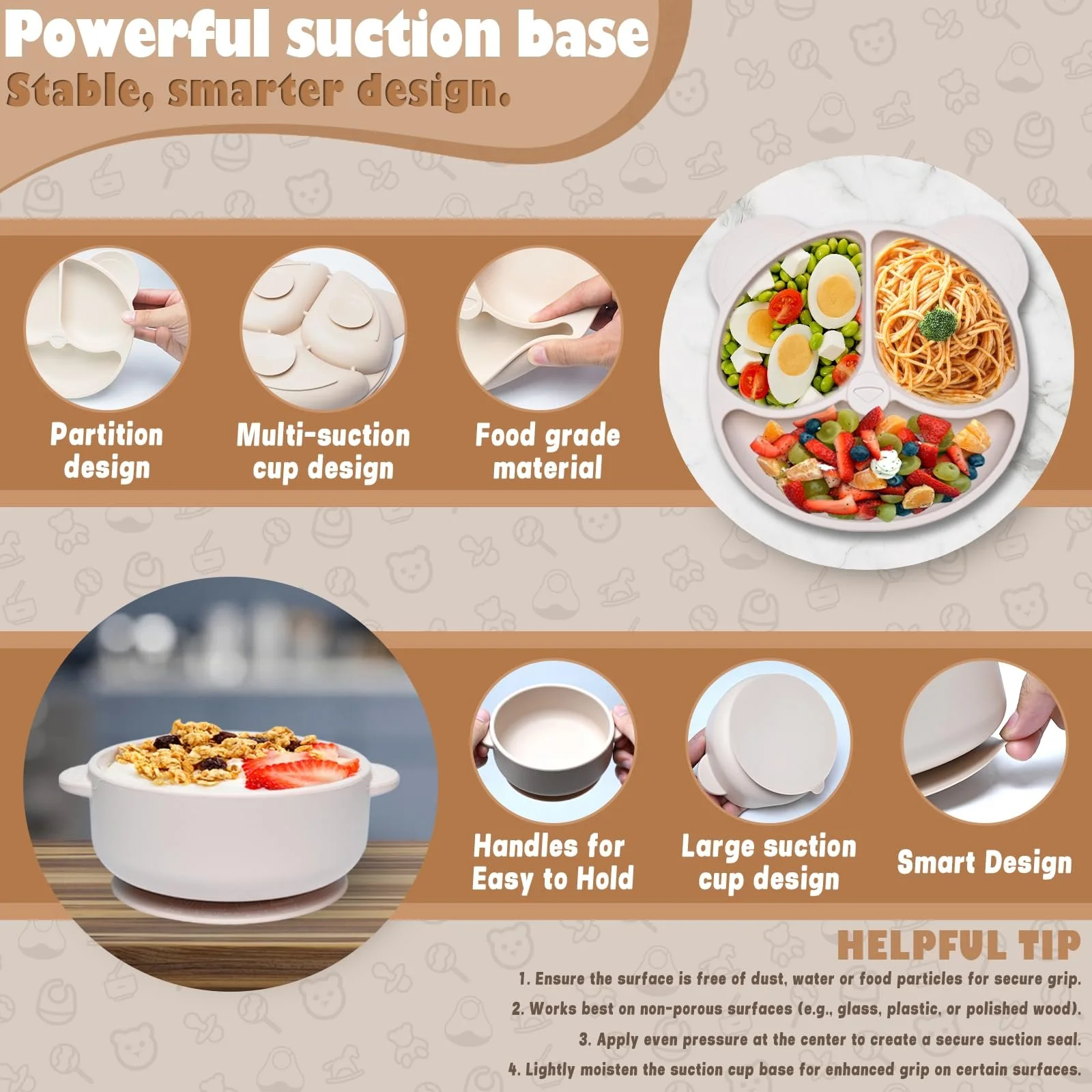 Набор детской посуды Dazhtu, 11 предметов, силикон, бежевый, фото №3 Набор детской посуды Dazhtu, 11 предметов, силикон, бежевый, фото №3