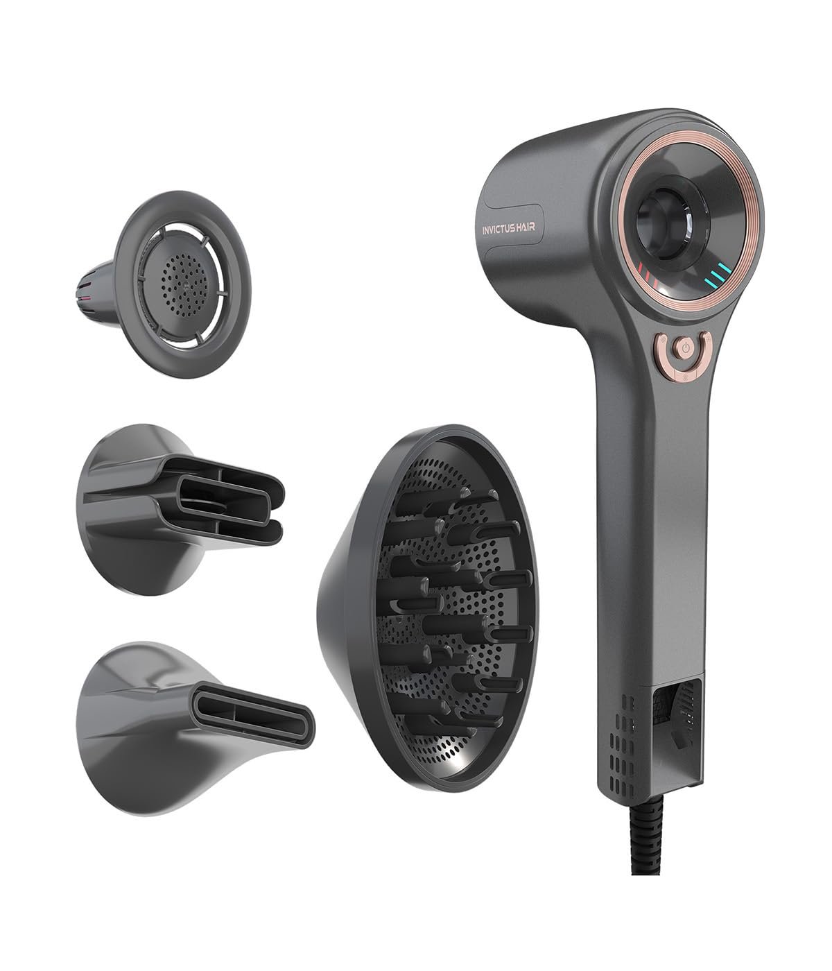 Фен Genius Invictus D7 Ion, 5 предметов, дорожный фен с 1 диффузором, 3 различные насадки для укладки, 5 температурных режимов и 3 уровня скорости, фен 1600 Вт для быстрой сушки, фото №1