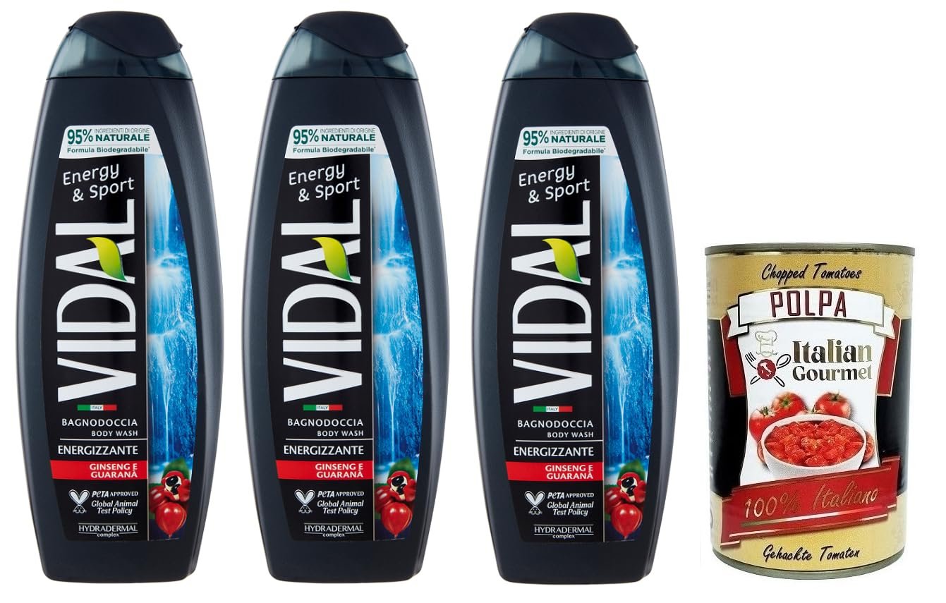 Гель для душу Vidal Energy & Sport з женьшенем та гуараною 500 мл 3 шт. + подрібнені томати 400 г, фото №1